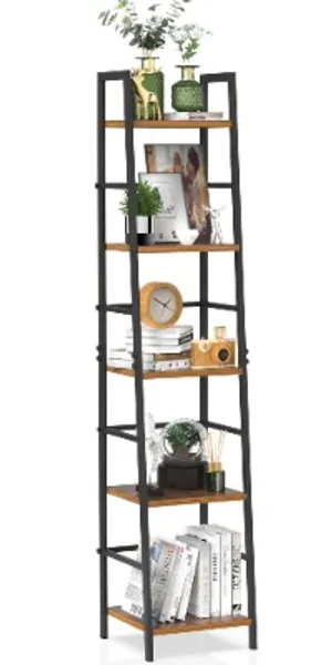 SpringSun 5-Tier Ladder Shelf Bookcase, Rustic Standing Shelf Storage Organizer, Wood and Metal Bookshelf for Home(Brown)