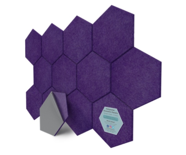 Hexagon Polyester Acoustic Panels - 12 Pack | Eco-Friendly Sound Absorption | Easy Peel & Stick Installation - Purple