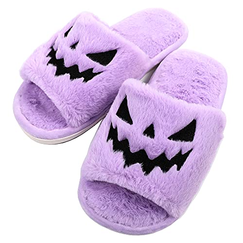 Spooky Slides Halloween Slippers Jack O Lantern Pumpkin Soft Plush Cozy Open Toe Indoor Outdoor Fuzzy Slippers Gifts For Girls Women Girlfriend Men - 5-6 - Purple