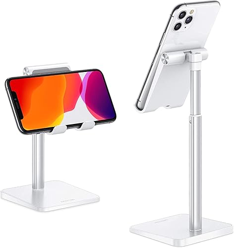 OMOTON Phone Stand, Angle Height Adjustable Vertical Desktop Mobile Phone Stand Holder, Mount for iPhone SE 14 Pro/13/12/11/8/XS/XR/Max, Samsung Galaxy S20 10/A13/12, All Smartphones (Up to 7 In)White - White