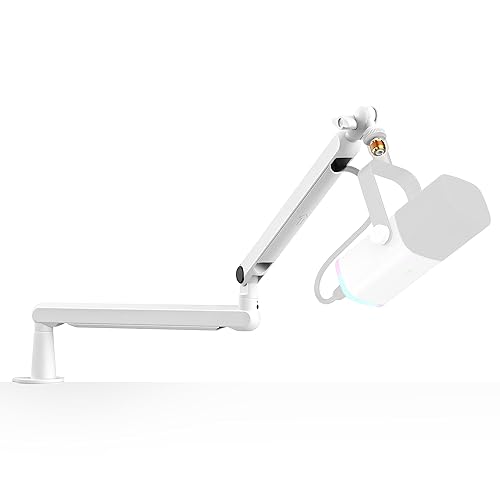 FIFINE Microphone Stand, Mic Boom Arm Stand, Low Profile Podcast Scissor Suspension Stand with Desk Mount, Cables Channels Management, Metal Arm Stand for Recording, Streaming, Gaming-BM88 White - White