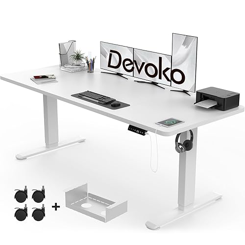 Devoko 180x80cm Electric Standing Desk with USB Charging Height Adjustable Desk with 3 Memory Setting Adjustable Desk with Time Reminder Sit Stand Desk with Lock Setting Electric Desk,White - 180 x 80 cm - White