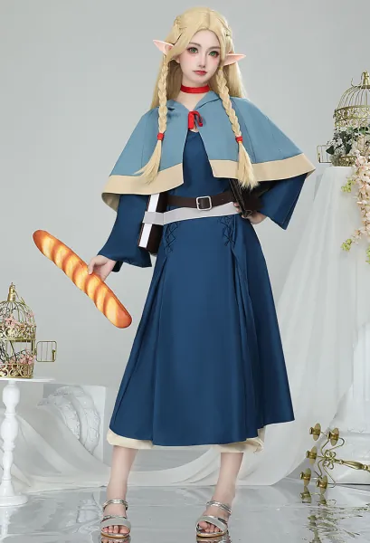 Delicious in Dungeon Marcille Donato Cosplay Costume Dress and Cloak with Backpack and Belt