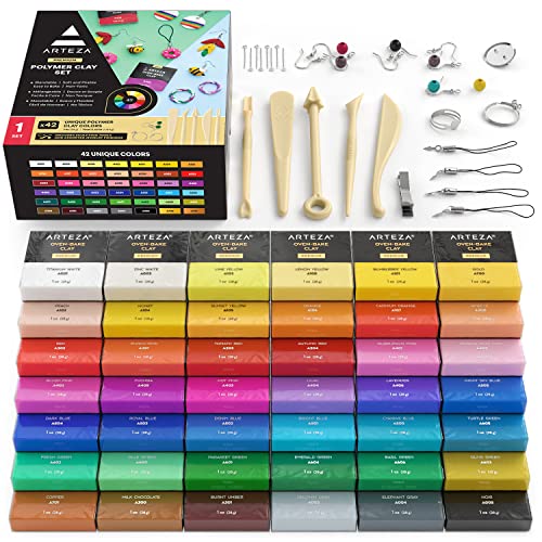 Arteza Polymer Clay Kit, Modeling Clay Oven Bake for Adults and Teens with 5 Sculpting Tools, 42 Colors, Made for Clay Earrings, Jewelry Making and Crafts - Set of 42