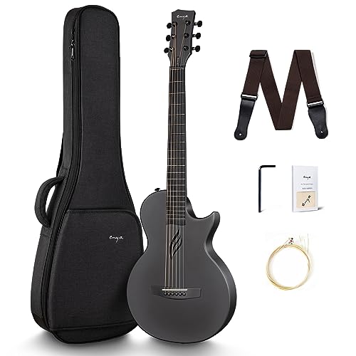 Enya Nova Go Carbon Fiber Acoustic Guitar 1/2 Size Beginner Adult Travel Acustica Guitarra w/Starter Bundle Kit of Colorful Packaging, Acoustic Guitar Strap, Gig Bag, Cleaning Cloth, String(Black) - Acoustic - Black