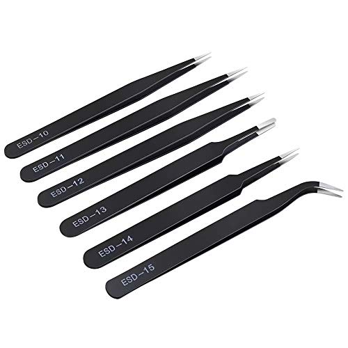 6PCS Precision Tweezers Set, Upgraded Anti-Static Stainless Steel Curved of Tweezers, for Electronics, Laboratory Work, Jewelry-Making, Craft, Soldering, etc, by kaverme. - 6pcs