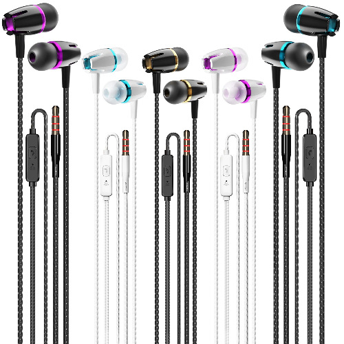 Earbuds Wired with Microphone Pack of 5, Noise Isolating in-Ear Headphones, Powerful Heavy Bass, High Definition, Earphones Compatible with iPhone, iPod, iPad, MP3, Samsung, and Most 3.5mm Jack - Black,White,Gold,Red,Blue