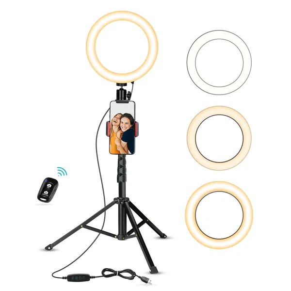 UBeesize Selfie Ring Light with Tripod Stand & Cell Phone Holder for Live Stream/Makeup, Mini Led Camera Ringlight for YouTube Videos/Photography(Black) - black