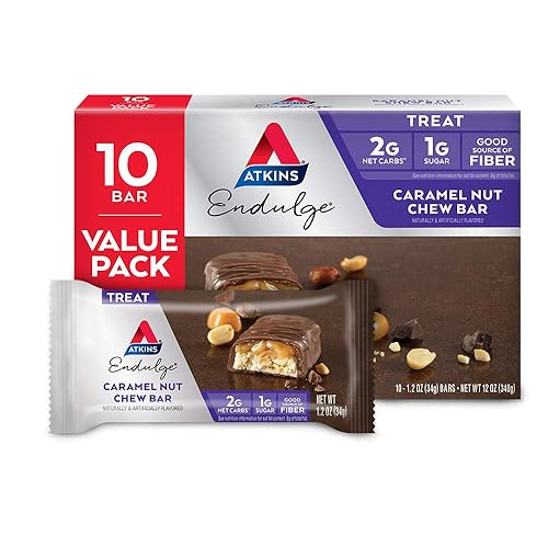 Atkins Endulge Caramel Nut Chew Bar, Dessert Favorite, 1g Sugar, Good Source of Fiber, Low Sugar, 10 Count - Caramel Nut Chew Value pack - 10 Count (Pack of 1)