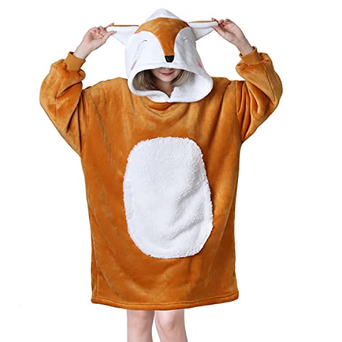 Queenshin Wearable Blanket Hoodie, Oversized Sherpa Sweatshirt Blanket for Adults Women Men, Warm Cozy Hooded Body Blanket - Orange