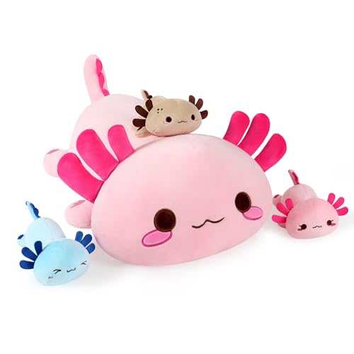Onsoyours Axolotl Stuffed Animal Mommy 19.7" with 3 Baby Axolotl Plushies in Tummy, 4 Piece of Cute Axolotl Plush Pillow Toys for Kids Girls Boys (Pink Axolotl Family) - Pink Axolotl Family
