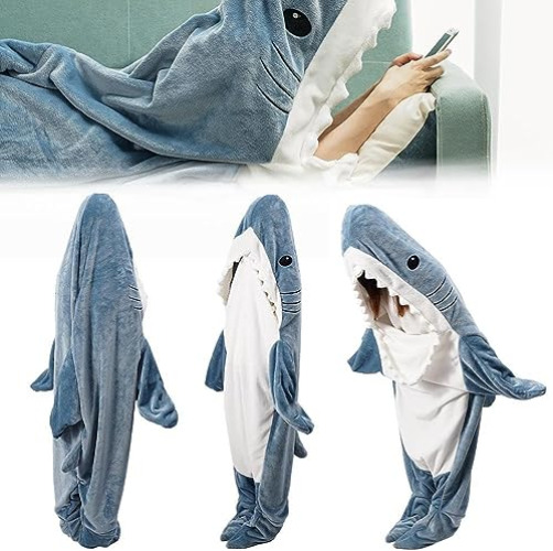 GEKUPEM Shark Blanket Adult, Shark Blanket Hoodie, Wearable Shark Blanket Flannel Sleeping Bag, Shark Onesie Blanket - S-(for Height 3'7'' - 4'7''/Children) - Blue