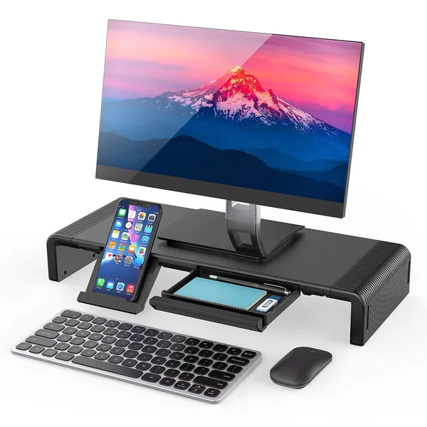 Computer Monitor Stand, Foldable Monitor Stand Riser, Computer Stand with Storage Drawer & Phone Stand for Computer, Desktop, Laptop, Save Space (Black)