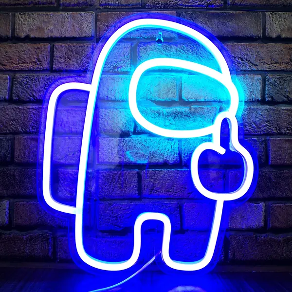 Among Us Game Neon Sign Popping Middle Finger LED Sign Light Game Room Decor Gift for Gamer USB Powered Neon Light Man Cave, Bedroom, Bar, Party, Club, Gamer Gift (Among Us - Blue)