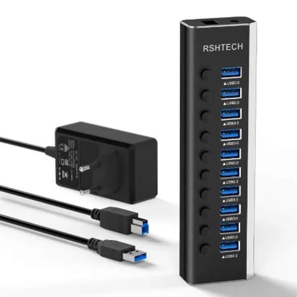 RSHTECH USB Hub Aktiv 3.0 mit 36W (12V / 3A) Netzteil, Aluminium 10 Ports USB 3.0 Hub zum Laden und zur Datenübertragung, USB 3.0 Mehrfach Ports Verteiler mit EIN/Aus-Schalter und Netzteil (RSH-A10)