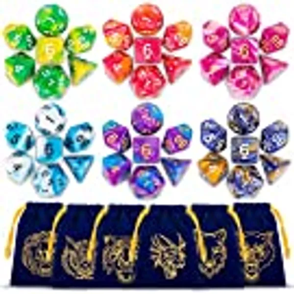 ESANDA DND Dice Set, 42pcs Polyhedral Dice D&D Dice with 6 Blue Drawstring Bags, 6 Complete Double-Colors Dice Sets for Dungeons and Dragons RPG MTG Table Games etc