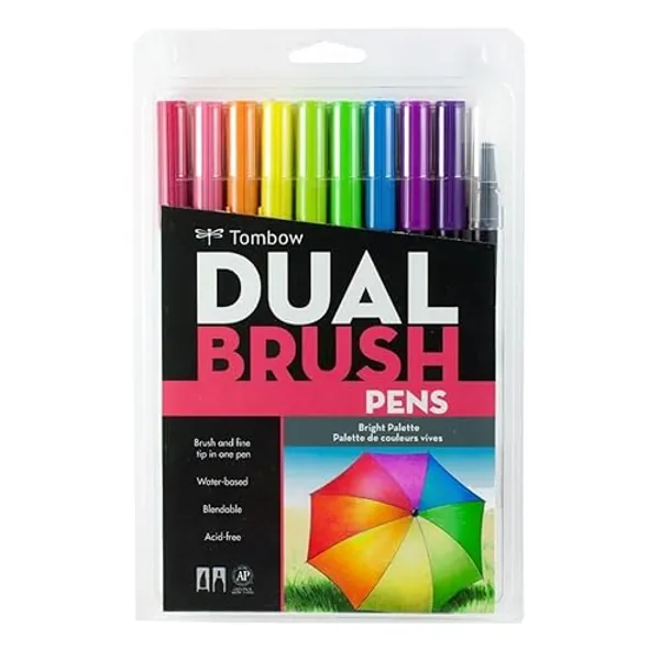 Tombow 56185 Dual Brush Pen Art Markers, Bright, 10-Pack. Blendable, Brush and Fine Tip Markers