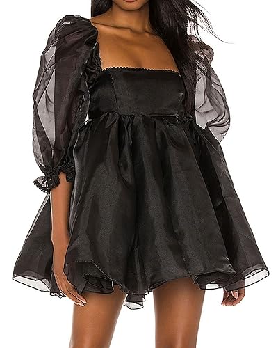 Springcmy Women's Puff Off Shoulder Sleeve Tulle Square Collar Dress Summer Ruffle Flowy Mesh Party Mini Dress - S - Black