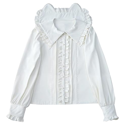 Japanese Style Sweet Cat Ear Sailor Collar Lolita Basic Cute Blouses Teens Solid Casual Button Down Long Sleeve Top - Standard - M - White