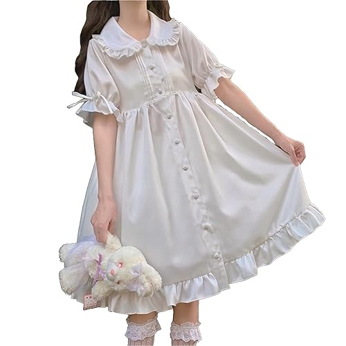 Esdlajks Lolita Gothic Dress Japanese Sweet Girl Lolita Drees Kawaii Peter Pan Collar Cute Ruffle Puff Sleeve Drees Solid Color Elegant Retro Lady Drees (Color : White, Size : One Size) - One Size - White