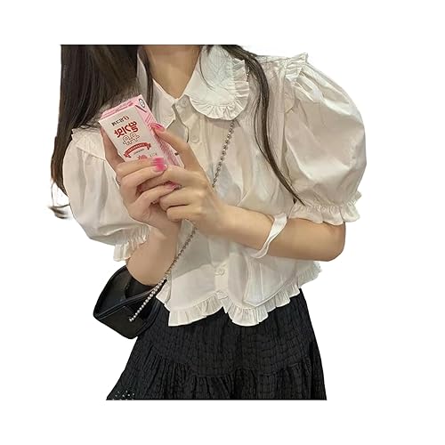 White Women Blouses Sweet Lolita Girly Preppy Japanese Style Cute Puff Sleeve Shirts Pink JK Ruffle Top Fashion - White - M