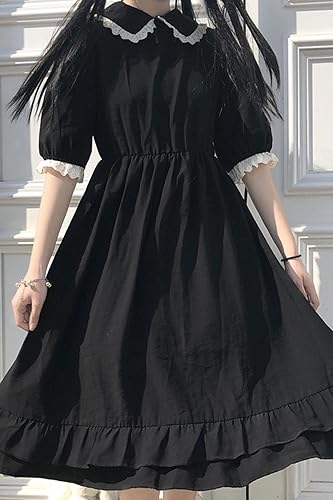 sarge knives Black Sweet Japanese Student Girl Ruffles Clothes Peter Pan Collar Dress Kawaii Lolita Dress Vintage Women Puff Sleeve Pullover - S - Black