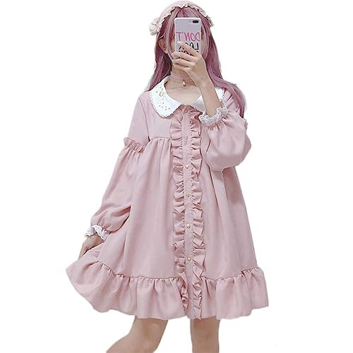 Himifashion Lolita Dress for Teen Girls Japanese Style Cute Dolly Dresses Long Sleeve Loose Mini Dress Pink