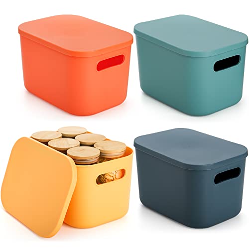 Lawei 4 Pack Plastic Storage Bins with Lid and Handles, Colorful Stackable Storage Box Organizing Container, Small Storage Basket Organizer Bins for Bathroom, Kitchen, Pantry, Shelves, Vitamins, Snack