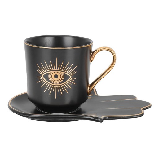 Hamsa & Evil Eye Mug and Saucer Gift Set - Black