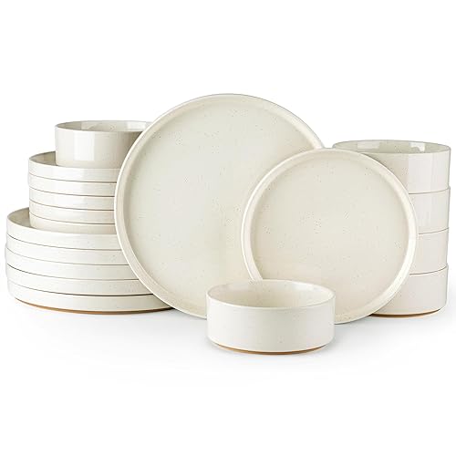 AmorArc Ceramic Dinnerware Set for 6 | Speckled Stoneware Plates and Bowls with Rustic Terracotta Underside| Scratch Resistant,Dishwasher & Microwave Safe Dishes Sets- 18pcs Beige - Service for 6 - Modern-beige