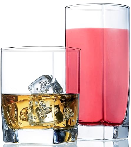 Everyday Drinking Glasses Set of 8 Drinkware Kitchen Glasses for Cocktail, Iced Coffee, Beer, Ice Tea, Wine, Whiskey, Water, 4 Tall Highball Glass Cups & 4 Short Old Fashioned Drinking Glass - 16oz. & 15oz.