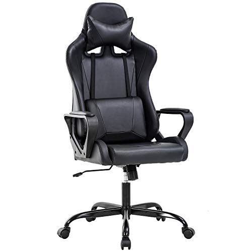 Ergonomic Office Chair, High-Back White Gaming Chair with Lumbar Support PC Computer Chair Racing Chair PU Task Desk Chair Ergonomic Executive Swivel Rolling Chair for Back Pain Women, Men (Black) - Black