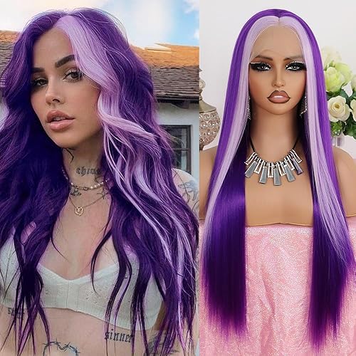 Maycaur Purple Lace Front Wig Long Straight Hair Light Purple Ombre Wig Glueless Synthetic Lace Front Purple Wigs for Women Highlights Wig - #F/Purple