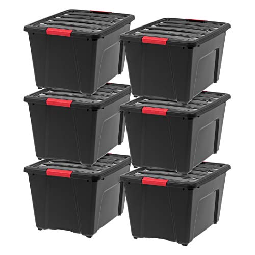 IRIS USA 50.2L (53 US QT) Stackable Plastic Storage Bins with Lids and Latching Buckles, 6 Pack - Black, Containers with Lids and Latches, Durable Nestable Closet Garage Totes Tub Boxes for Organizing - 53 Qt. - 6 Pack