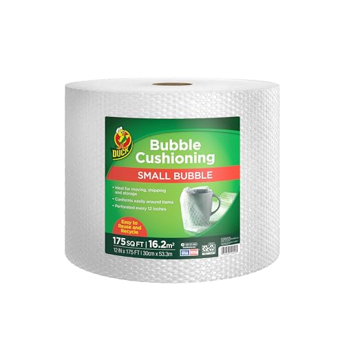 Duck Brand Small Bubble Cushioning Wrap for Moving, Shipping & Mailing, 175 FT Bubble Packing Wrap Extra Protection Packaging Boxes & Mailers, Clear Bubble Roll Moving Supplies Perforated Every 12 in - 12 in. x 175 ft.