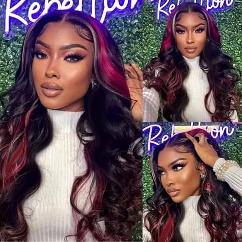 200% Density Glueless Wig Black Red Blonde Wig red and blonde highlight wig human hair Body Wave Lace Front Wigs Human Hair 13X6 Lace Front Human Hair Wigs Pre Plucked with Baby Hair 28 Inch…