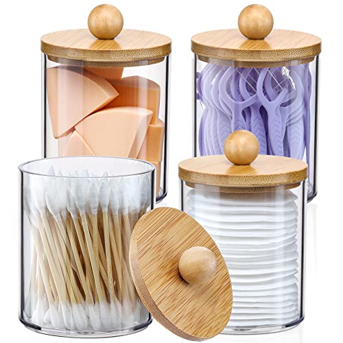 4 Pack Qtip Holder Dispenser with Bamboo Lids - 10 oz Clear Plastic Apothecary Jar Containers for Vanity Makeup Organizer Storage - Bathroom Accessories Set for Cotton Swab, Ball, Pads, Floss - 4 Pack of 10 oz
