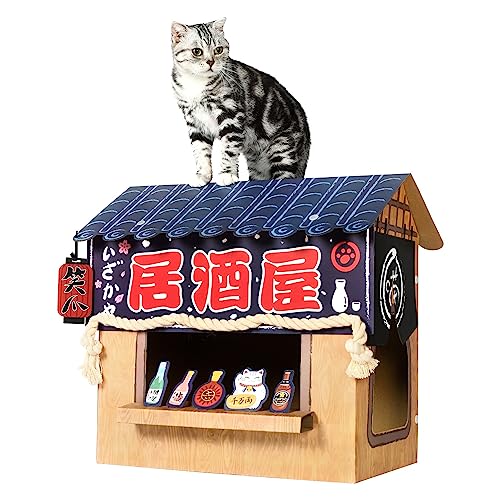SMILE PAWS Large Sturdy Cardboard Cat House with Scratcher, Cat Condo, Bed, Toys, Izakaya Bar for Outdoor/Indoor, Cat Play House & Home Décor, Easy to Assemble for Cats Bunny Small Animals - a. Izakaya Bar