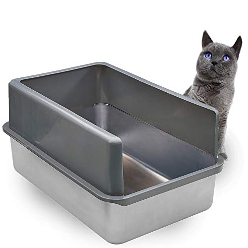 iPrimio Enclosed Sides Stainless Steel Litter Box - XL for Big Cats - Stainless Easy Cleaning High Sided Litter Box, 1 Pan w/Enclosure - 1 Pan With Enclosure