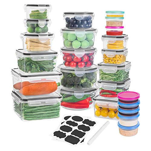 48 PCS Food Storage Containers with lids airtight, (24 Stackable kitchen Storage Containers and 24 Lids) BPA Free Microwave, Dishwasher Freezer Safe Meal Prep Container with Chalkboard Label & Marker - Transparent -340 OZ