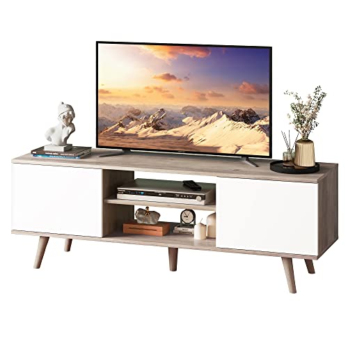 WLIVE TV Stand for 55 60 inch TV, Boho Entertainment Center with Storage Cabinets, TV Console for Living Room Decor, Greige White - TVs up to 32-60" - Greige