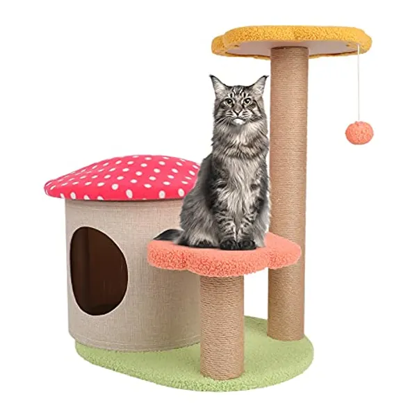 SENNAUX Adorable Cat Tree with Red Mushroom House & Sisal Scratching Post Cat Climbing Activity Flower Tower for Cats Kittens Pets 3 Layers 23.6" H - Red