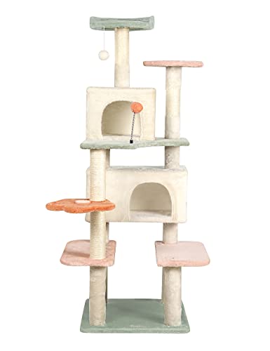 HYABi 59in Flower Cat Tree Tower Condo Furniture Apartment Plush Habitat Kitten Amusement Platform with Scratch Posts Toy Ball Pet House Play (Large 6 Platforms) - Large 6 Platforms