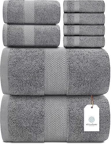 White Classic Luxury Grey Bath Towel Set - Combed Cotton Hotel Quality Absorbent 8 Piece Towels | 2 Bath Towels | 2 Hand Towels | 4 Washcloths [Worth $72.95] Light Grey | 8 Pack - Light Grey