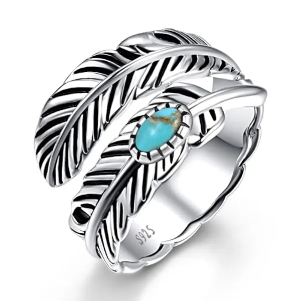AVECON 925 Sterling Silver Ring Feather Ring/Feather Black Onyx Rings/Feather Turquoise Rings Adjustable Feather Ring Stacking Ring Vintage Statement Ring for Women & Men