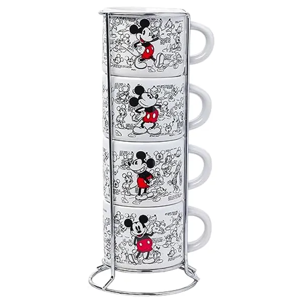 Silver Buffalo Disney Mickey Mouse Vintage Sketches Art 4pc Stackable Ceramic Espresso Small Cup Set, 3 Ounces