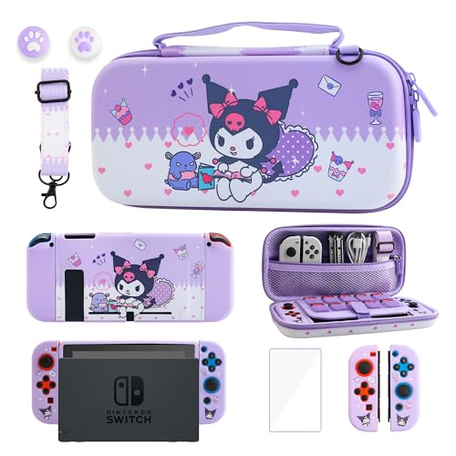 GLDRAM Purple Carrying Case Bundle for Nintendo Switch, Theme of Kuromi Accessories Kit with Cute Switch Travel Case, Soft TPU Protective Skin Cover, Screen Protector, Shoulder Strap & 2 Thumb Caps - NS