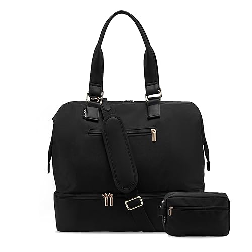 Uselike Weekender Bags for Women, Large Travel Duffel Bag with Shoes Compartment, Carry On Overnight Tote Bags with Toiletry Bags, Gym Duffel Bags with Wet Pocket, Hospital Bags for Labor and Delivery - Black - Medium