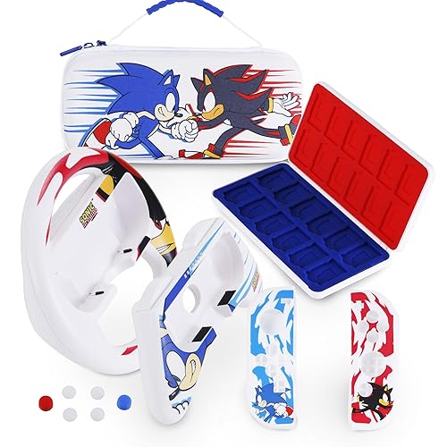 Nintendo Switch Case Sonic VS Shadow, Protective Carrying Case with Controller Grips, Thumb Grips, Steering Wheel, Double-Sided Cartridge Case, Travel Case for Nintendo Switch Games & Accessories - White Sonic VS Shadow