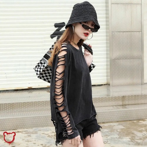 Black Torn Grunge Long Sleeve Top - black / XL